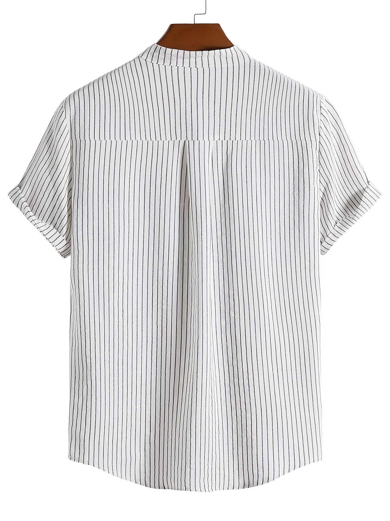 Men's Casual Short-Sleeve Shirt with Stand-Up Collar and Button Placket – Striped Regular Fit Summer Shirt