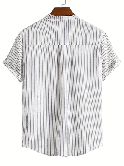 Men's Casual Short-Sleeve Shirt with Stand-Up Collar and Button Placket – Striped Regular Fit Summer Shirt