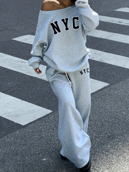 Gray women's tracksuit, wide-leg, “NYC” print, oversized fit
