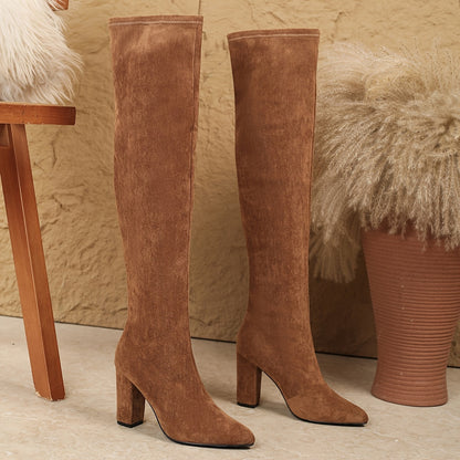 Women's over-the-knee boots, suede-look, block heel, light brown