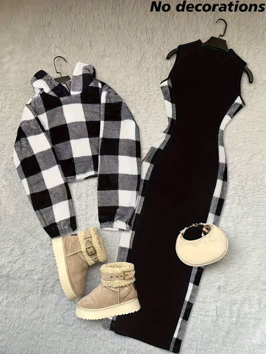 Women’s Hoodie & Dress Two-Piece Set, Black-and-White Plaid