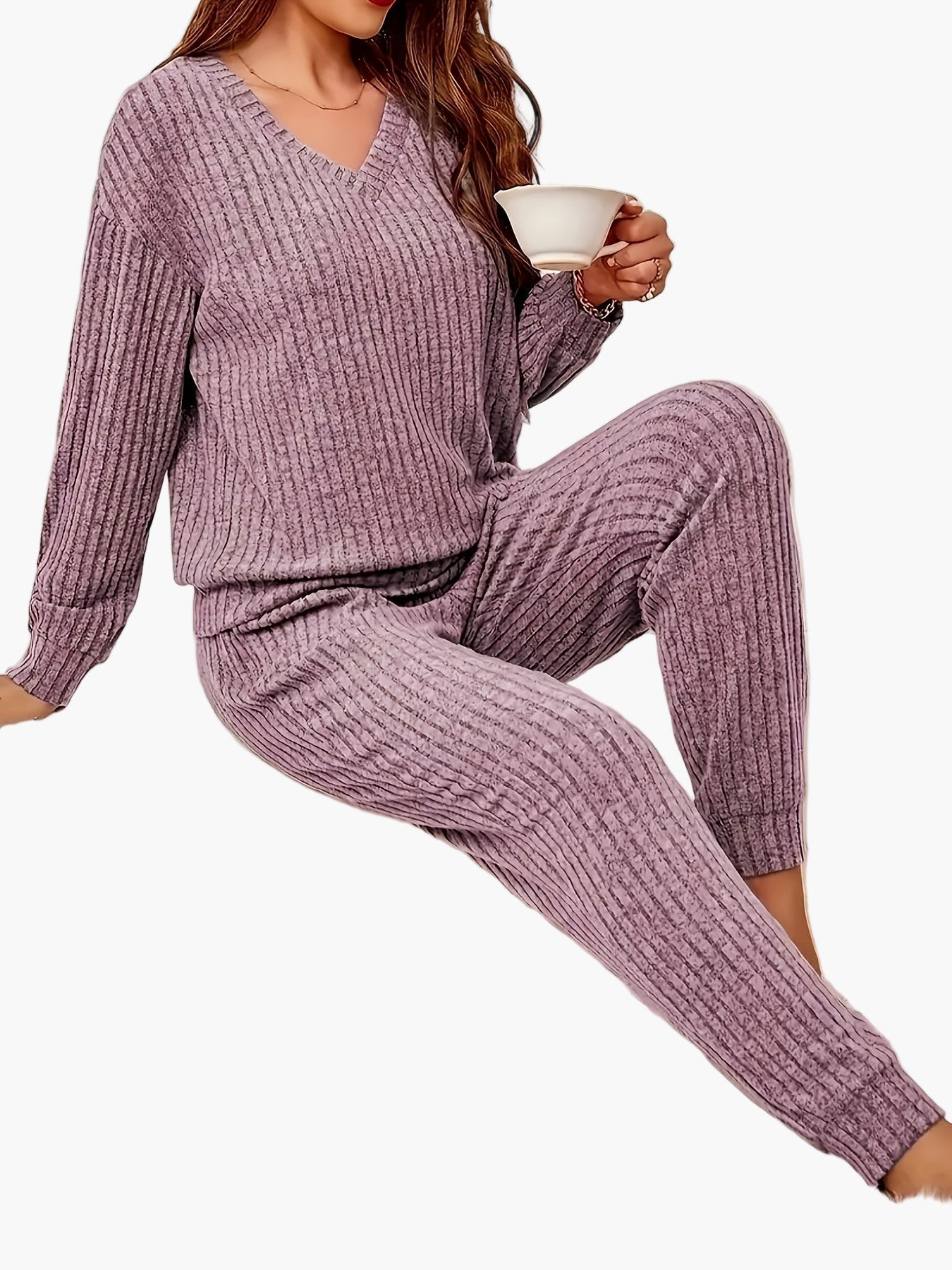 Women's Cozy Ribbed Knit Lounge Set for Home and Leisure