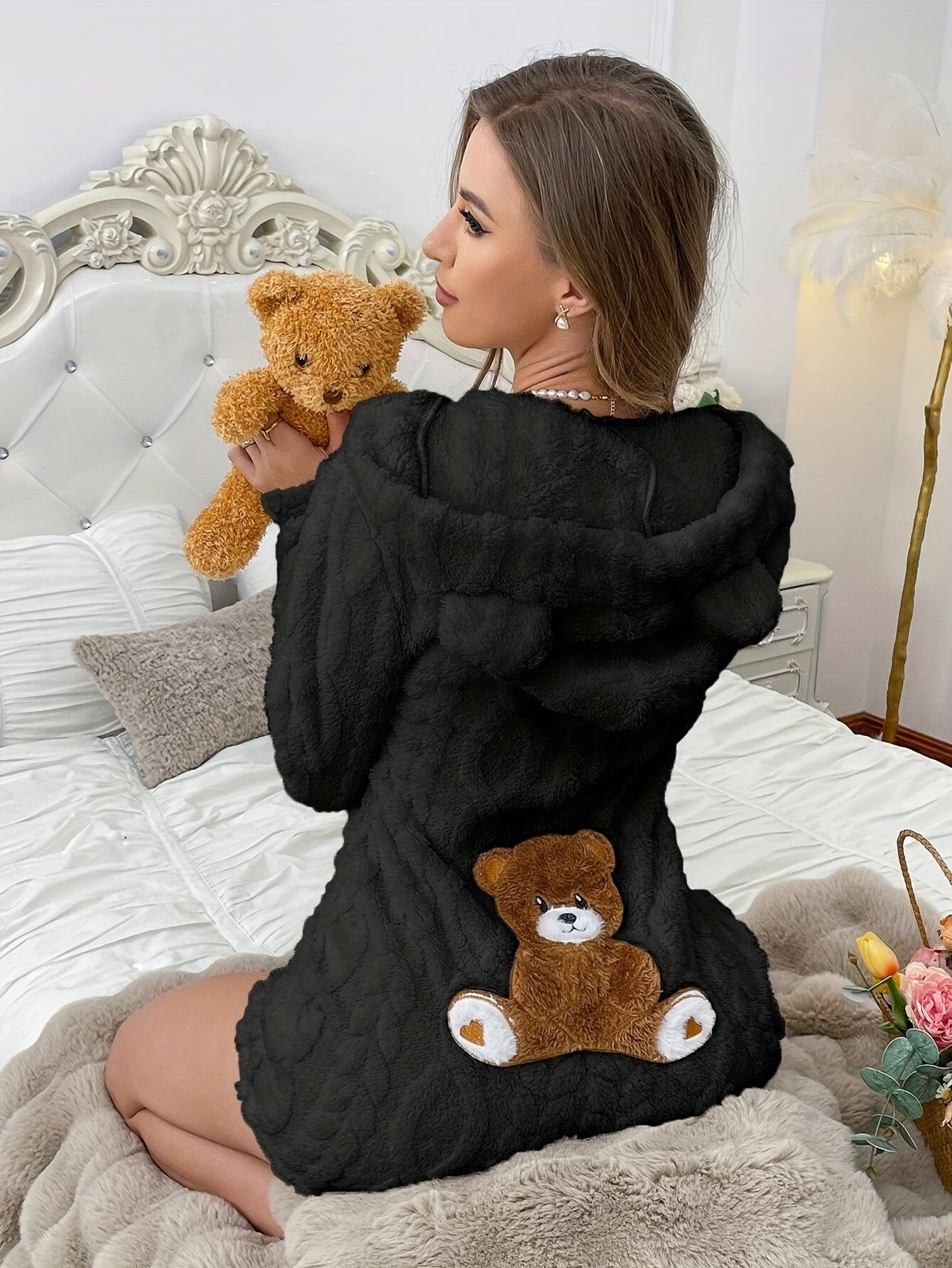 Women's plush hooded onesie pajamas with teddy bear design