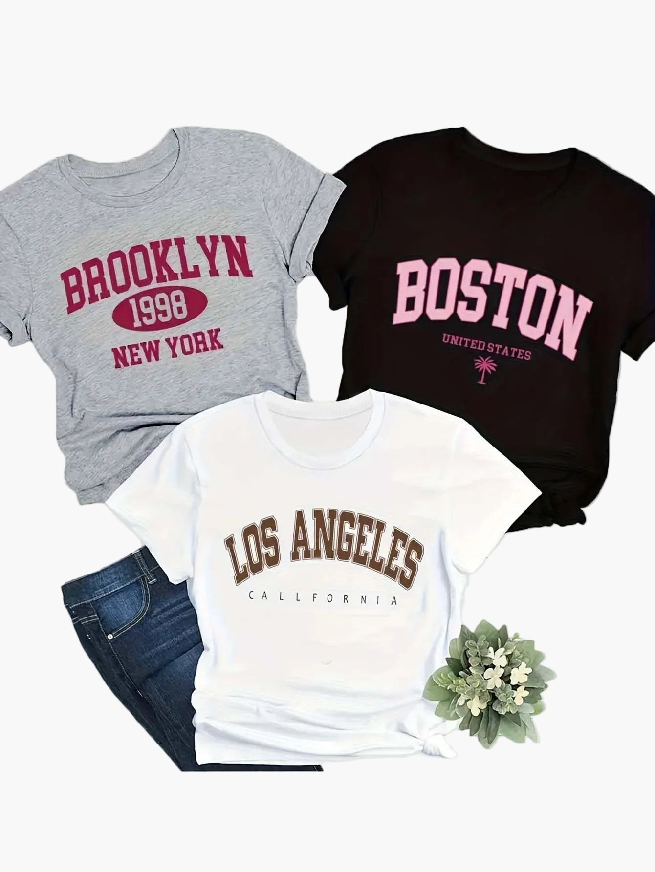 Damen Vintage College Style T-Shirt Set – Freizeit Rundhals Kurzarm mit City-Prints