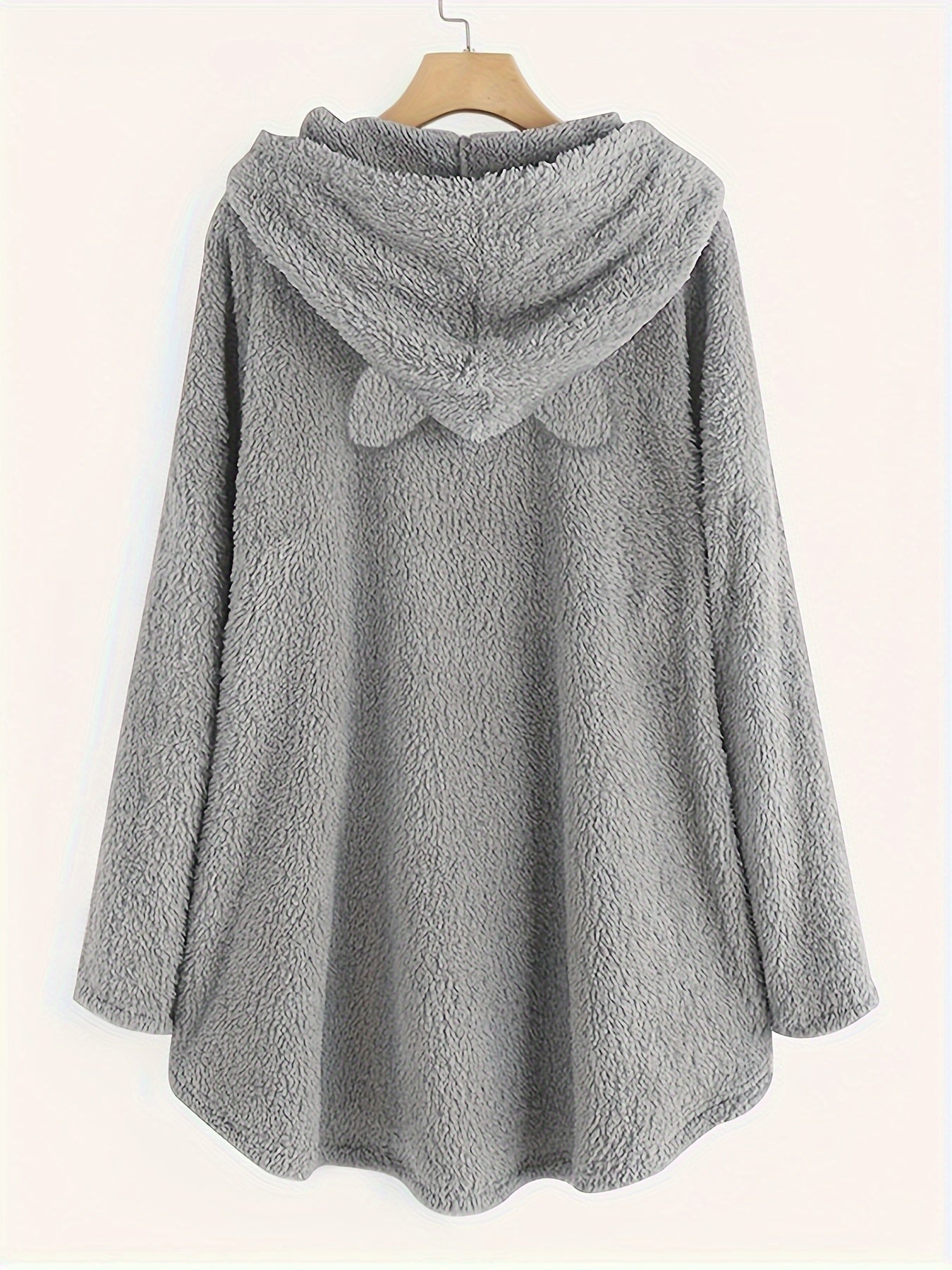 Women's plush hoodie with cat print and button placket