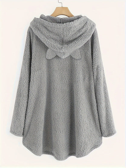 Women's plush hoodie with cat print and button placket