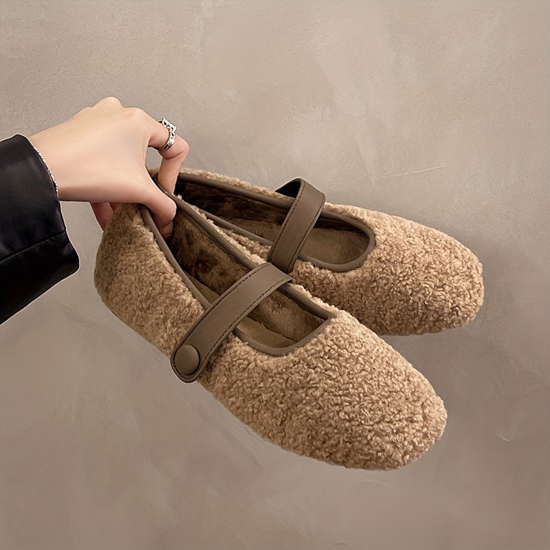Women's Mary Jane plush-look ballet flats with strap – black, khaki, brown