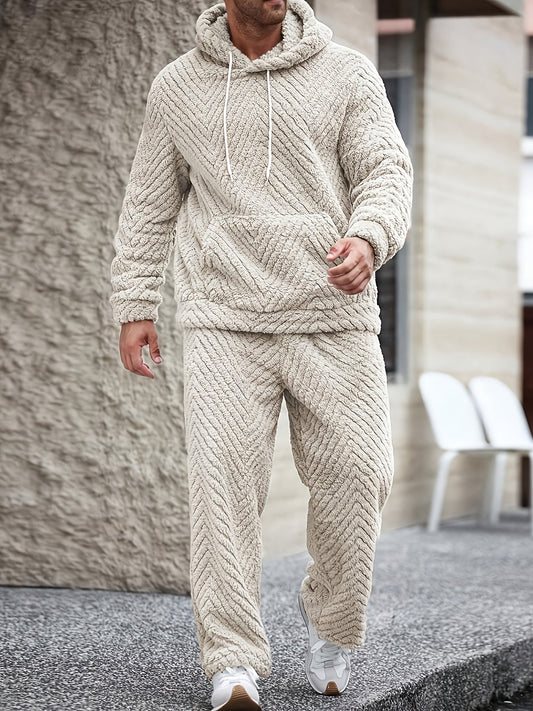 Men's Lounge Set Sherpa Hoodie & Herringbone Pants