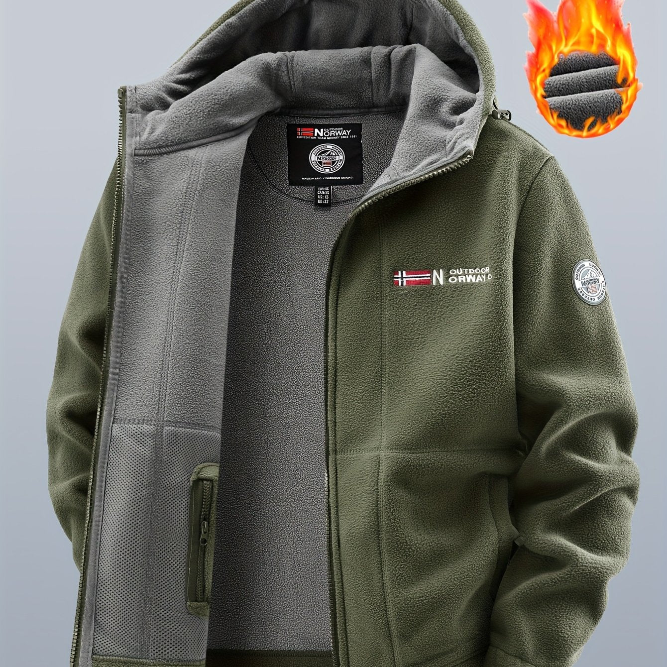 Thermo Fleecejacke mit Kapuze für Herren, durchgehender Reißverschluss