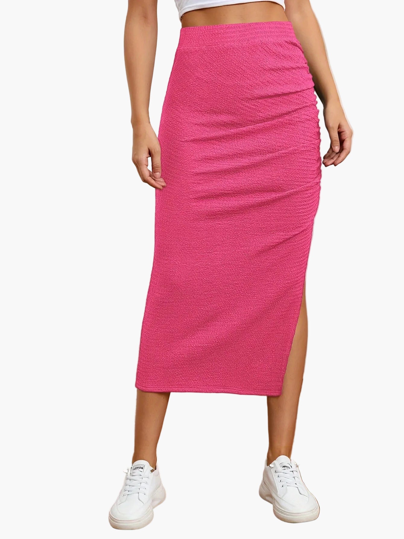 Women's Elegant Midi Skirt with Slit and Ruching – Perfect for Everyday and Leisure