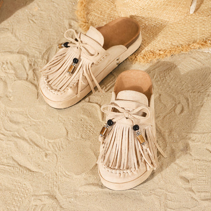 Women's Vintage Moccasin Sandals with Fringe and Beads for Summer