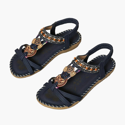 Women's Boho Sandals with Decorative Jewelry and Elastic Ankle Strap – Comfortable Summer Shoes for Casual Wear and Vacation
