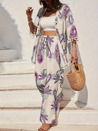 Women's Boho Two-Piece Set Kimono and Wide Pants with Paisley Pattern – Perfect for Spring & Summer