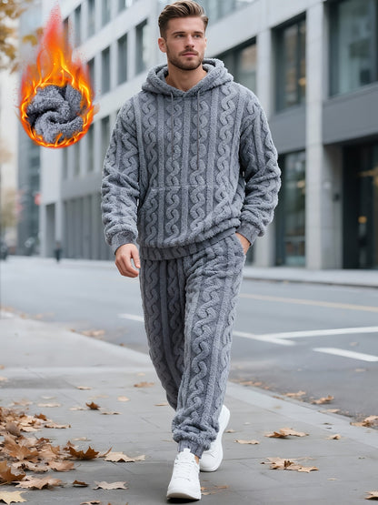 Men's cozy cable-knit tracksuit with hoodie and pants, soft & warm