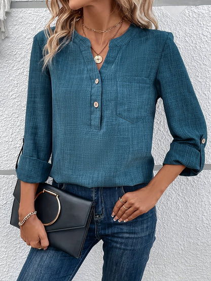 Women's Casual-Style Blouse with V-Neck and Button Placket – Elegant Casual Wear for Everyday and Office