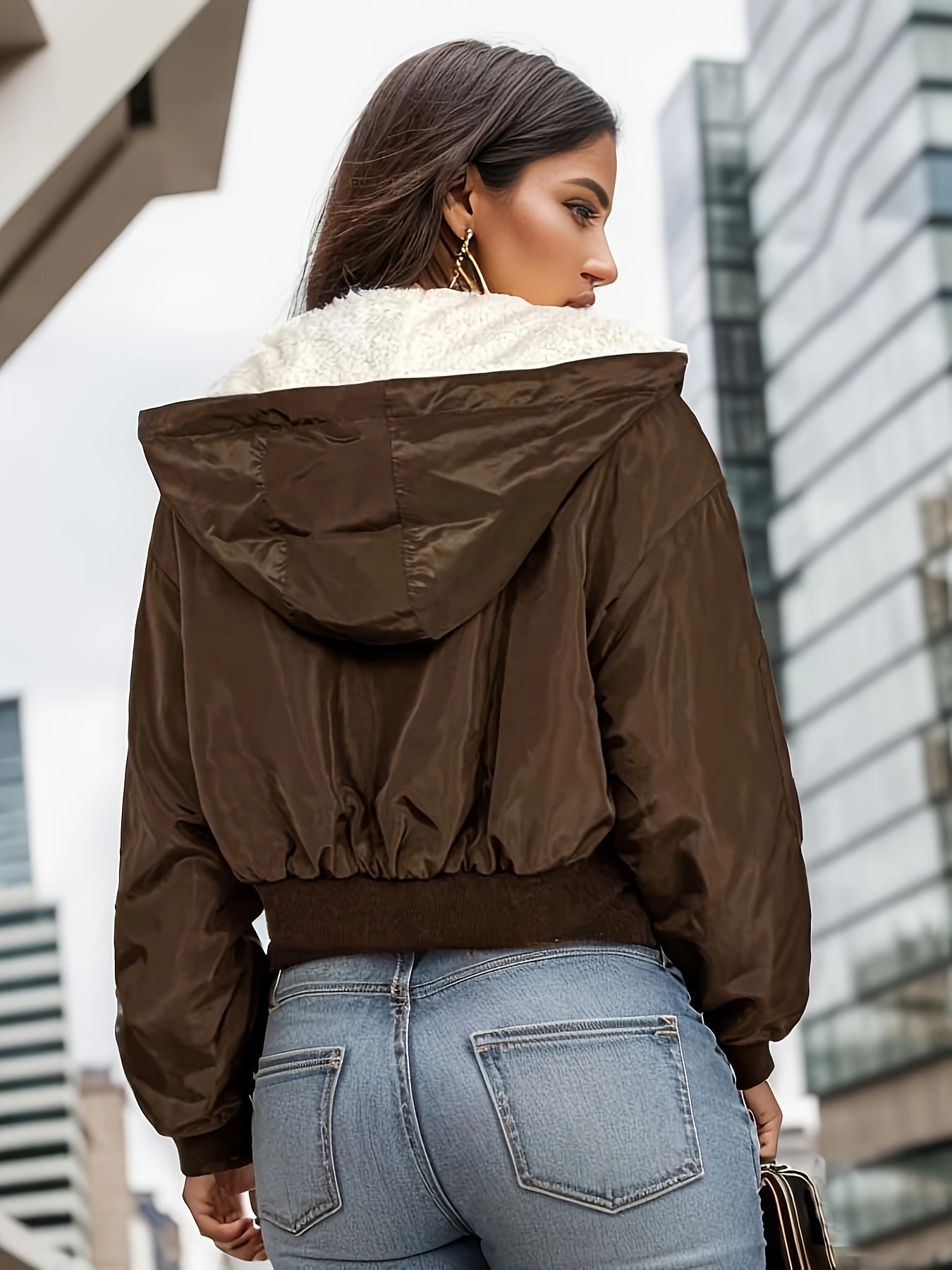 Women's short, lined brown bomber jacket with hood