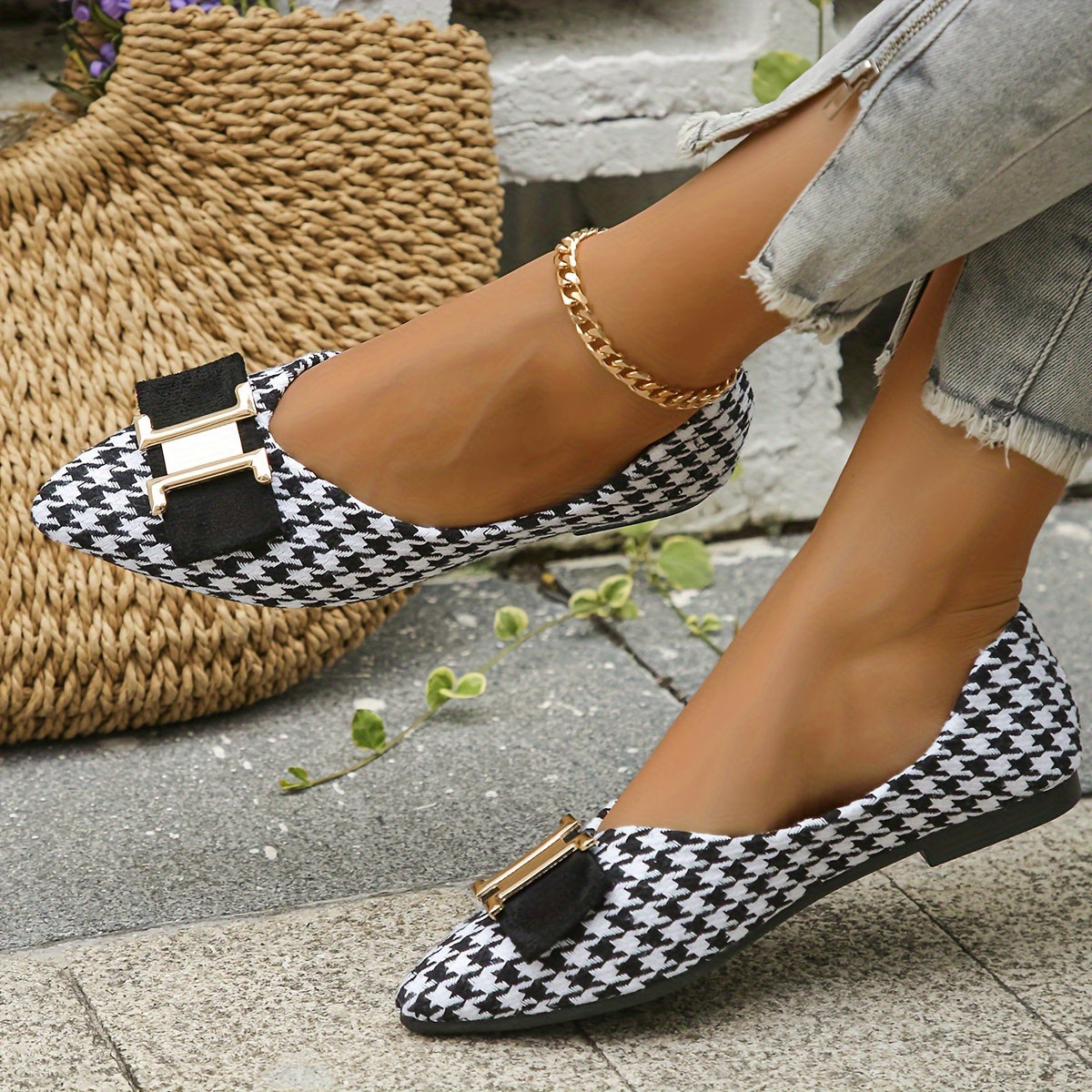 Women's Elegant Houndstooth Lace Shoes with Bow Detail – Stylish Everyday Ballet Flats for Spring & Office