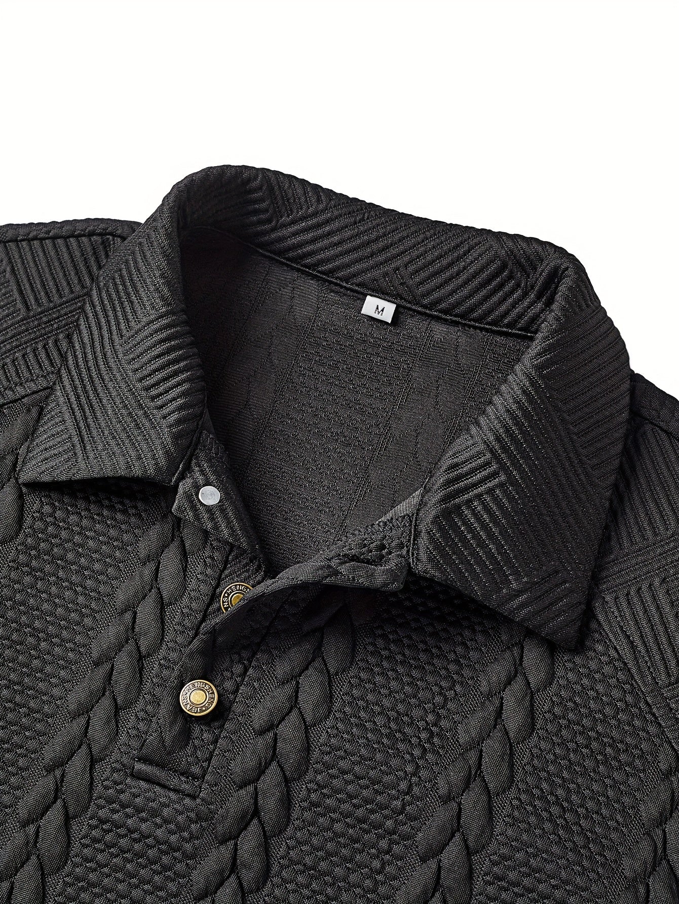 Men's textured black long-sleeve knit polo shirt