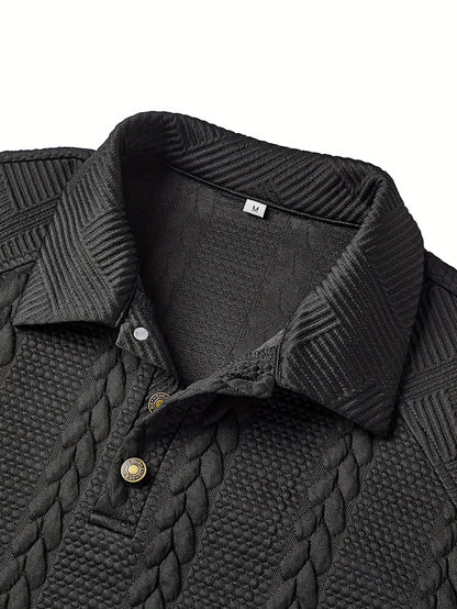 Men's textured black long-sleeve knit polo shirt