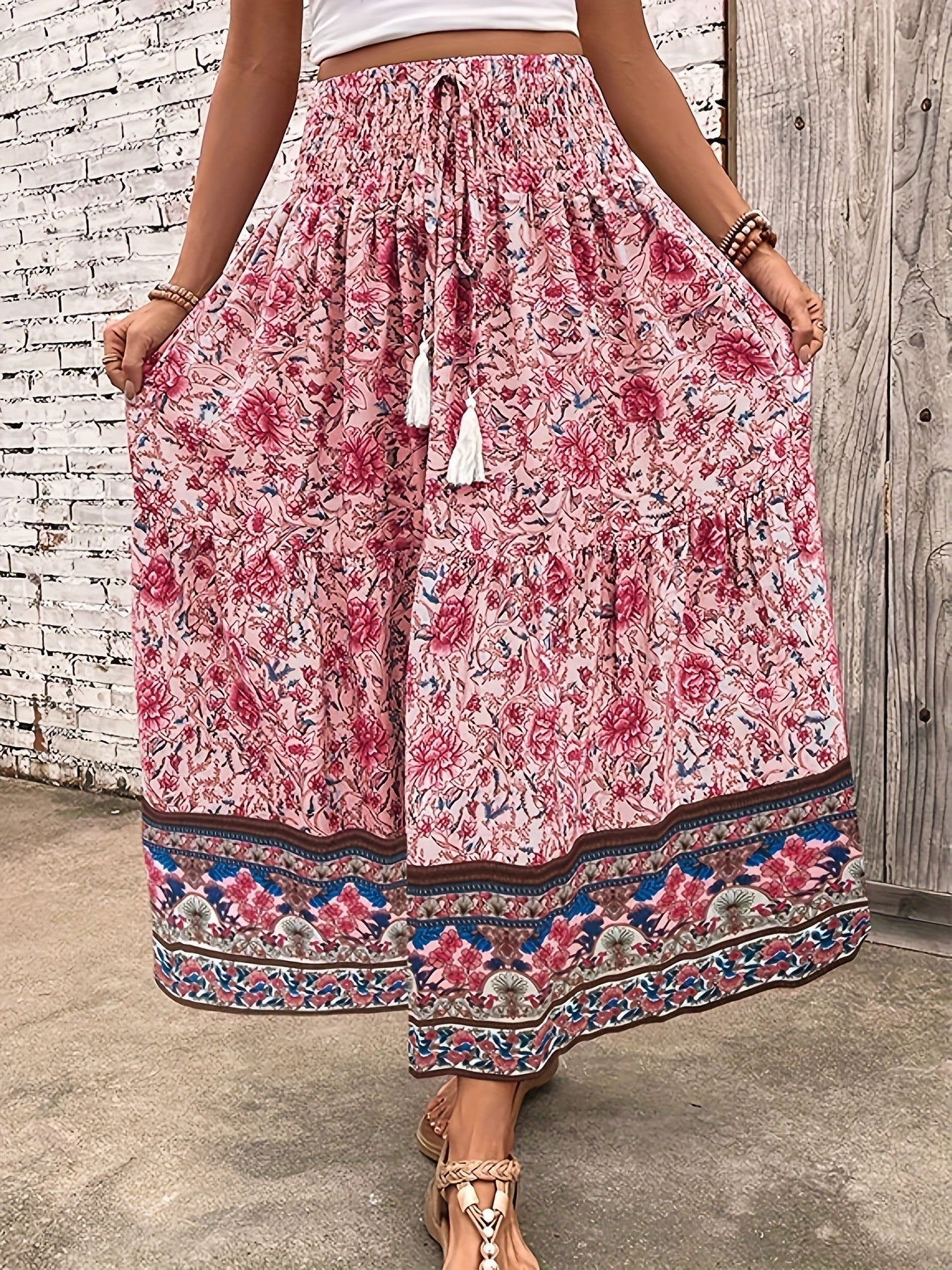 Women's Boho Maxi Skirt with Floral Pattern and Drawstring – Elegant Summer Skirt for Casual Wear and Vacation