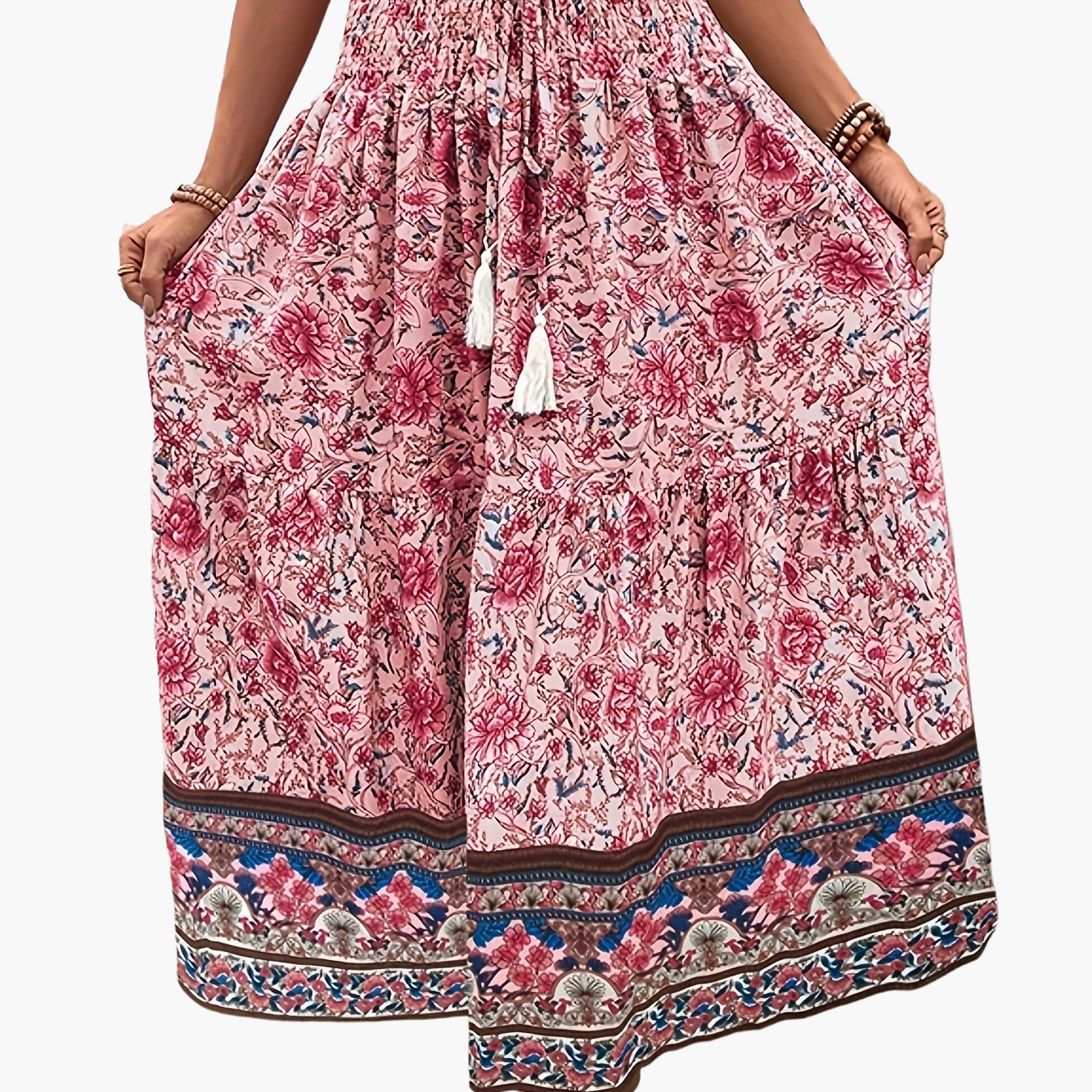 Women's Boho Maxi Skirt with Floral Pattern and Drawstring – Elegant Summer Skirt for Casual Wear and Vacation