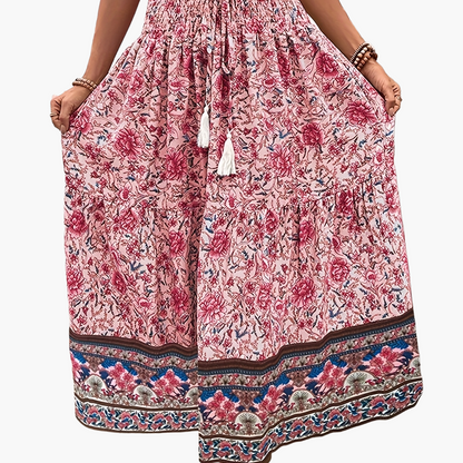 Women's Boho Maxi Skirt with Floral Pattern and Drawstring – Elegant Summer Skirt for Casual Wear and Vacation