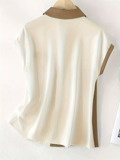 Women's Elegant Colorblock Blouse with Flutter Sleeves and Button Placket – Summer Business Casual