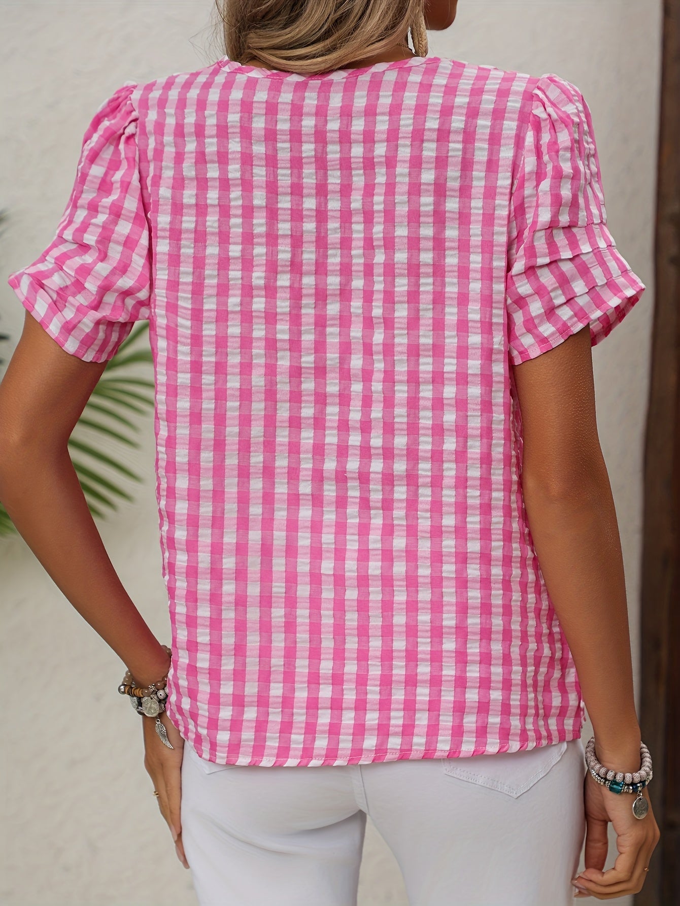 Women's Elegant Checked Blouse with Neckline – Perfect for Spring & Summer