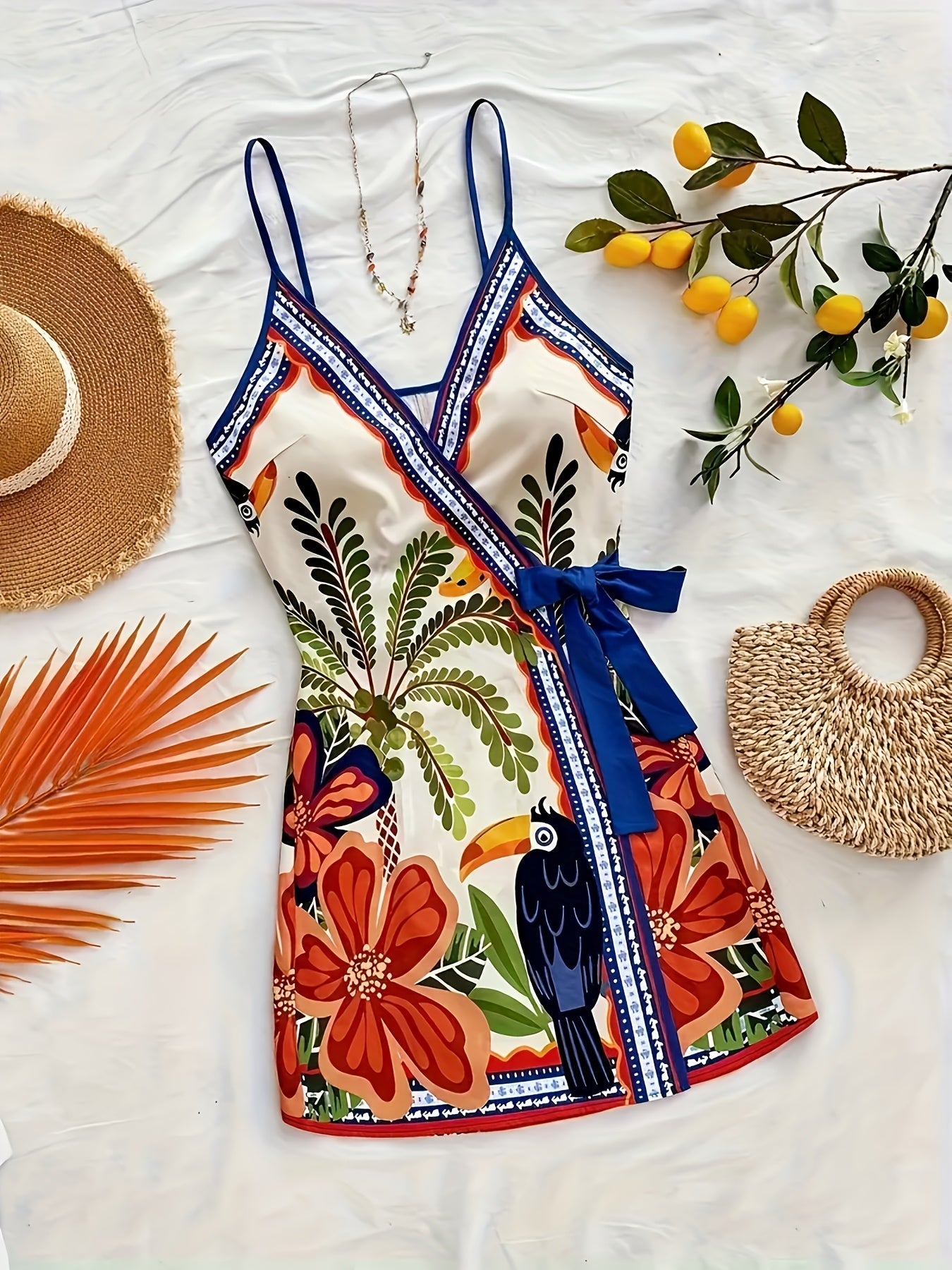 Women's summer wrap dress with tropical print and floral pattern – Perfect for vacation and leisure