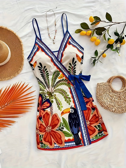 Women's summer wrap dress with tropical print and floral pattern – Perfect for vacation and leisure