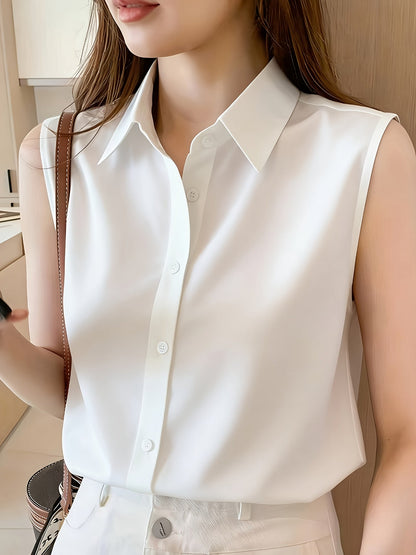 Women's Elegant Sleeveless Blouse with Shirt Collar – Perfect for Office and Everyday Wear