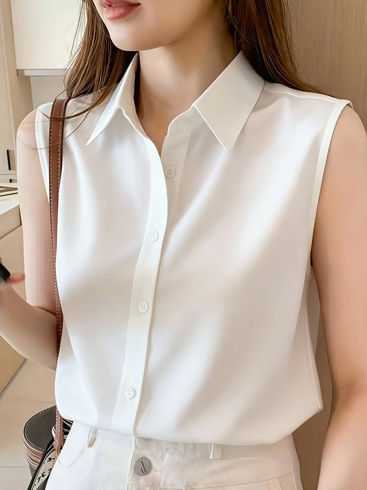 Women's Elegant Sleeveless Blouse with Shirt Collar – Perfect for Office and Everyday Wear