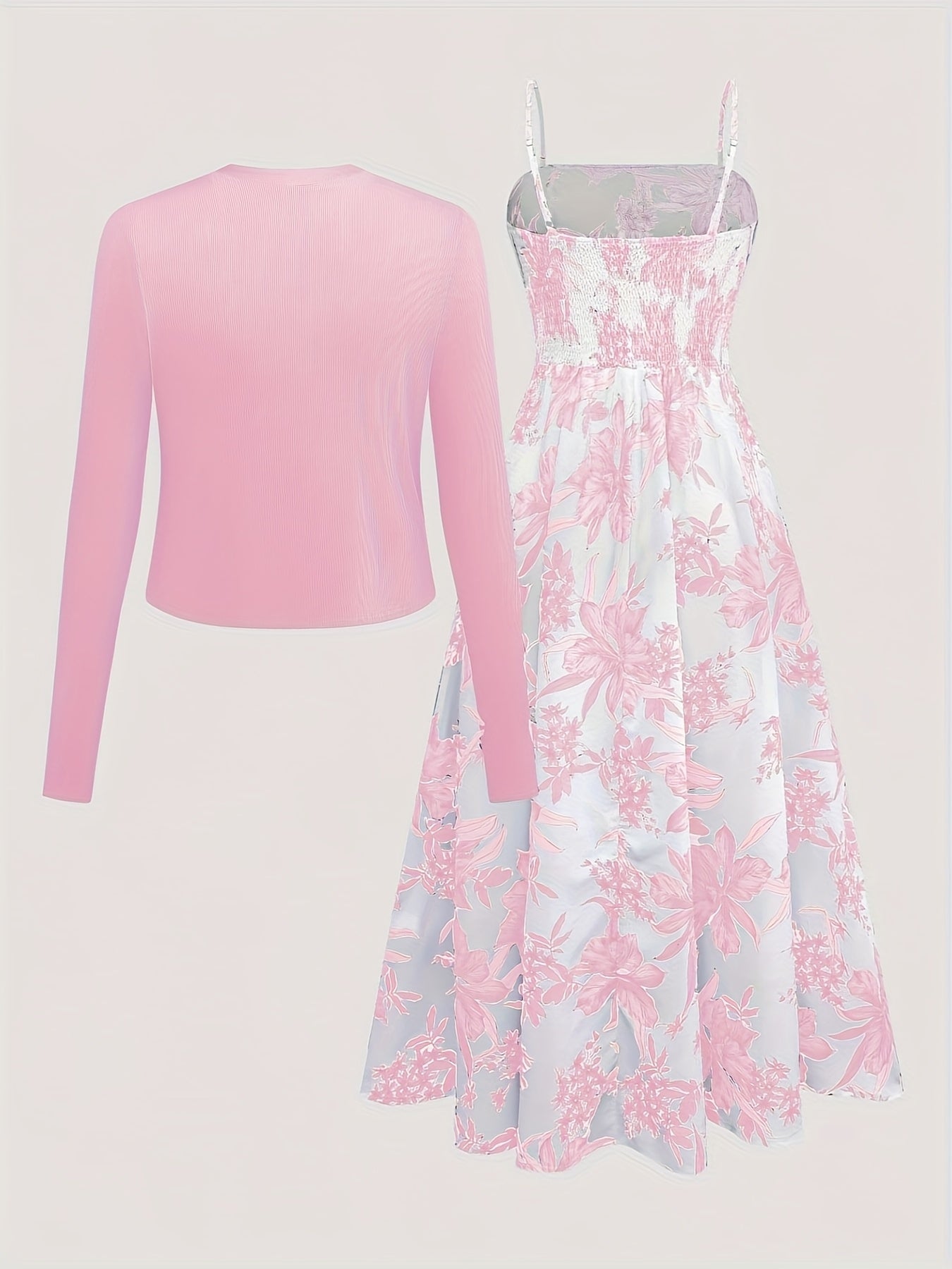 Women's Midi Dress with Floral Pattern and Cardigan Set – Elegant Casual Look for Spring and Summer
