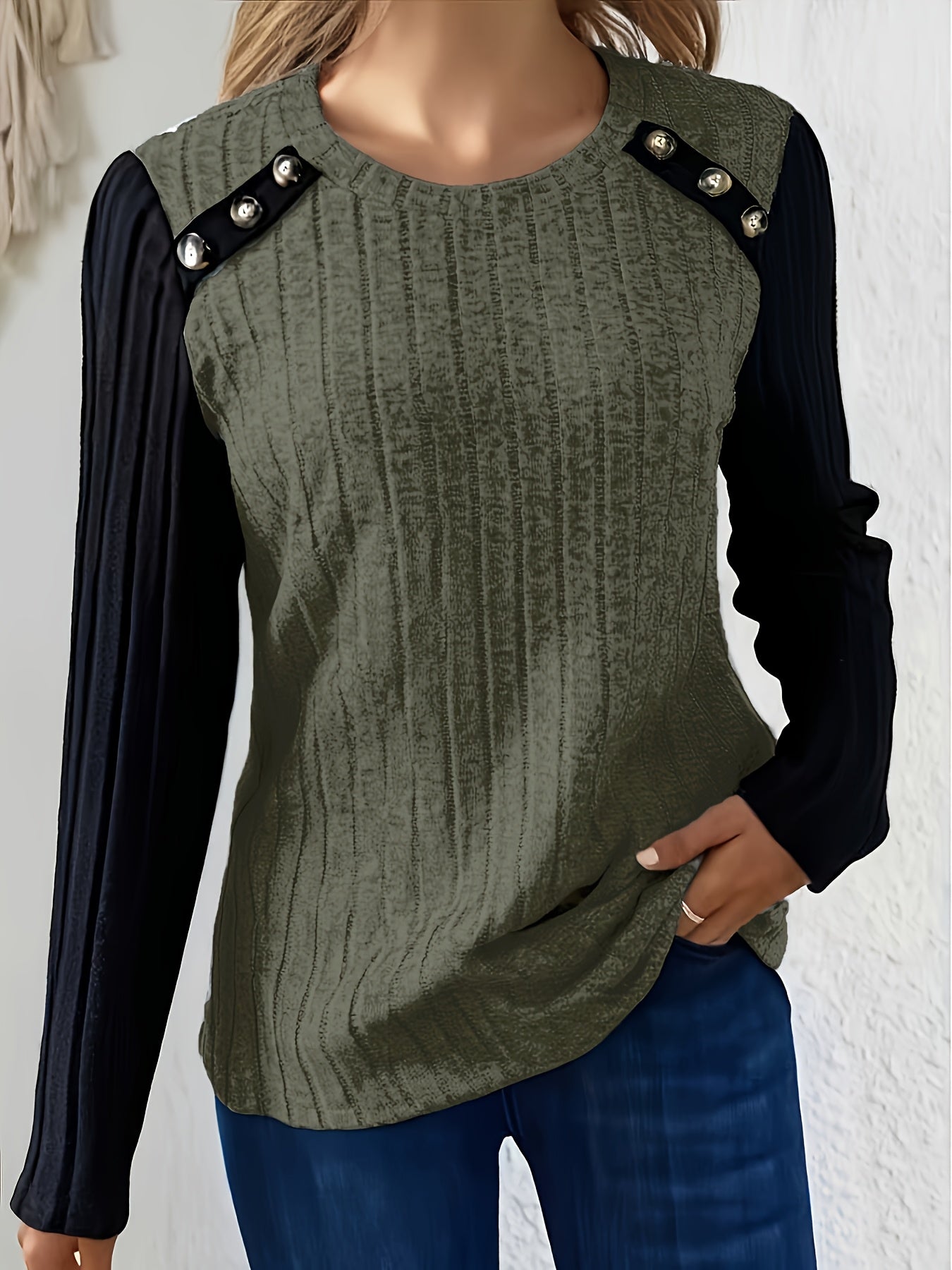 Damen Langarmshirt Gerippt mit Knopfleiste Kontrastärmel Schwarz
