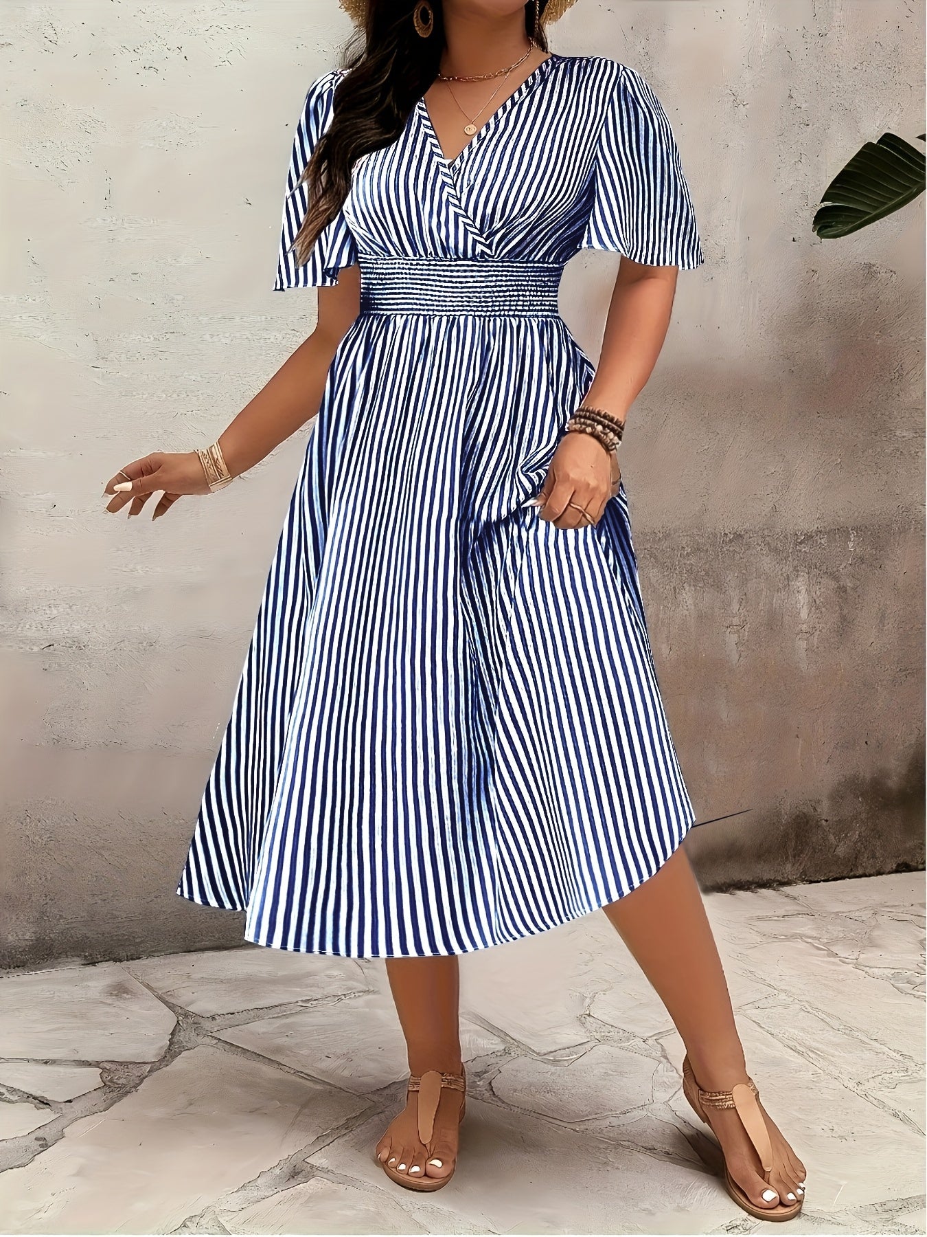 Women's Elegant Striped Midi Dress with V-Neck and Waist Accent for Festive Occasions