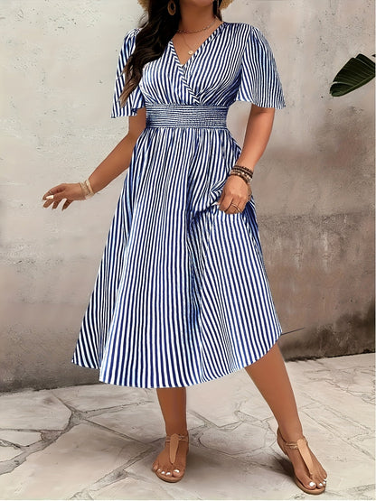 Women's Elegant Striped Midi Dress with V-Neck and Waist Accent for Festive Occasions