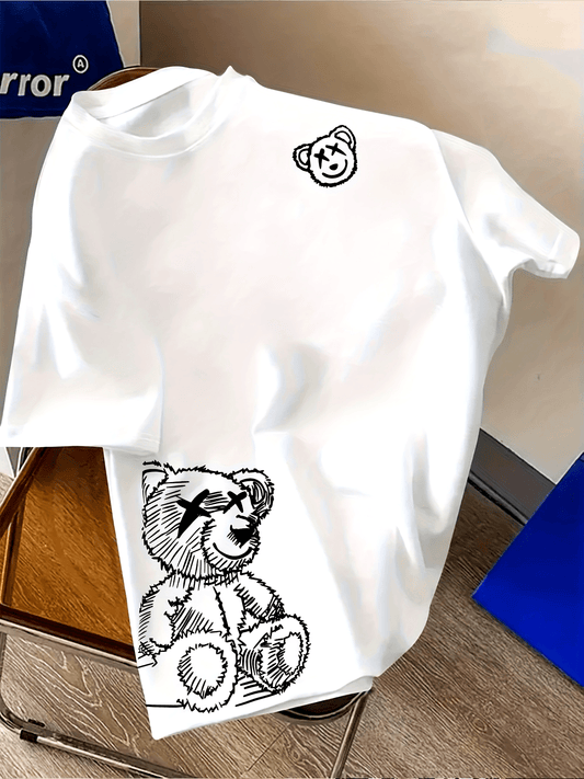 Men's Streetwear T-Shirt with Bear Graphic – Urban Sketch Look, Short Sleeve, Modern Design