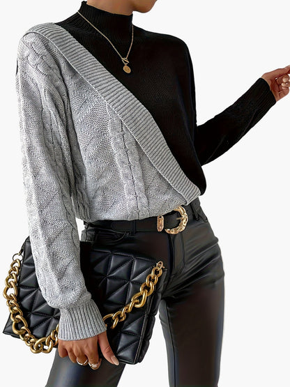 Damen Pullover im Patchwork-Design mit hohem Kragen – Eleganter Strickpullover für Alltag und Büro