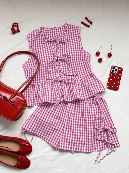 Damen Zweiteiliges Set mit Schleifen und Streifen – Verspieltes Sommer Outfit mit Top und Shorts