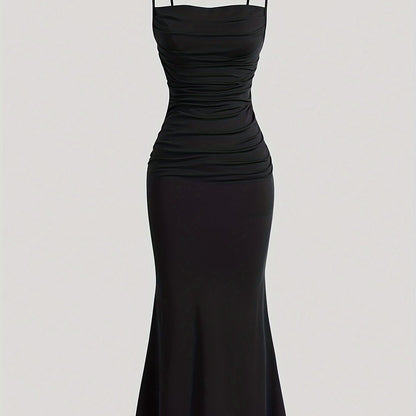 Women's evening dress with spaghetti straps and figure-flattering ruching – elegant maxi dress for festive occasions