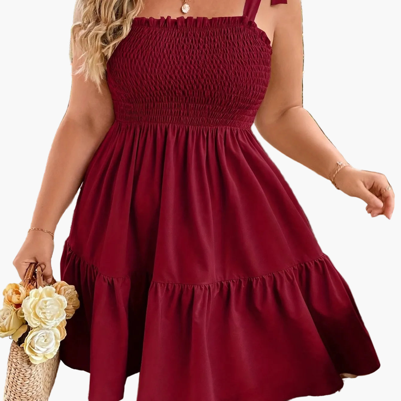 Women's Summer Mini Dress with Smocked Top and Shoulder Bow – Perfect for Vacation and Leisure