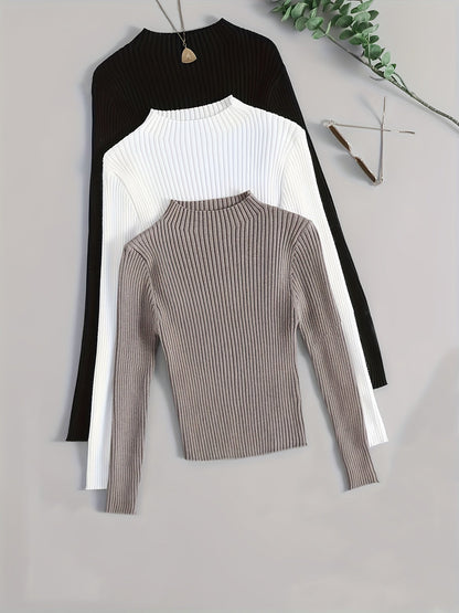 Gerippter Langarm-Pullover mit Stehkragen für Damen, einfarbig