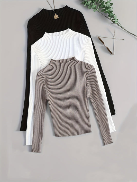 Gerippter Langarm-Pullover mit Stehkragen für Damen, einfarbig