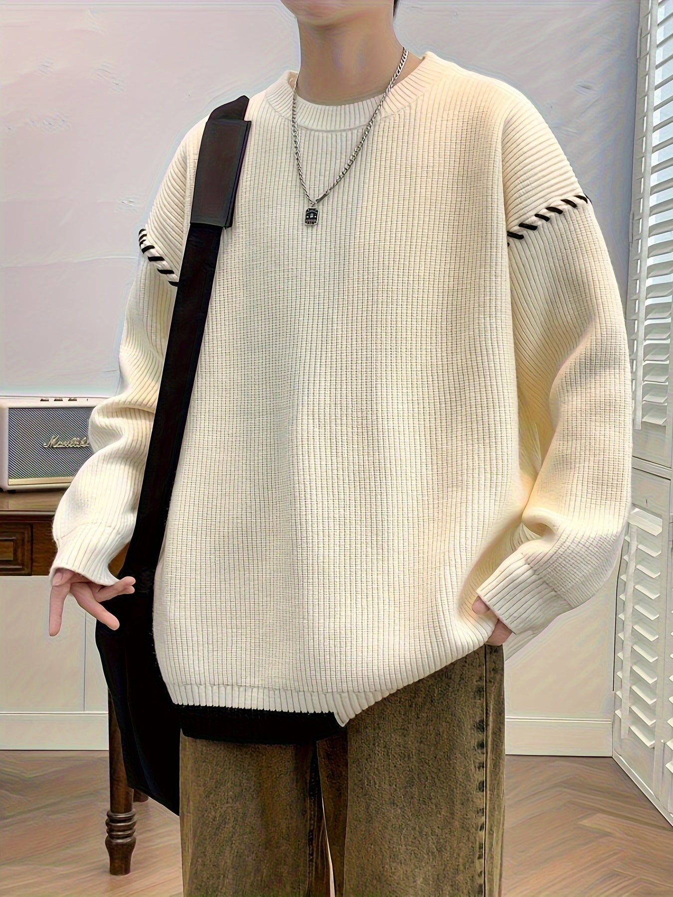 Unisex knitted sweater, crew neck, long sleeves, with contrasting details