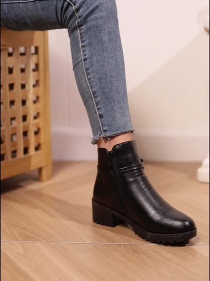 Women's ankle boots with decorative buckle and zip, lug sole, block heel