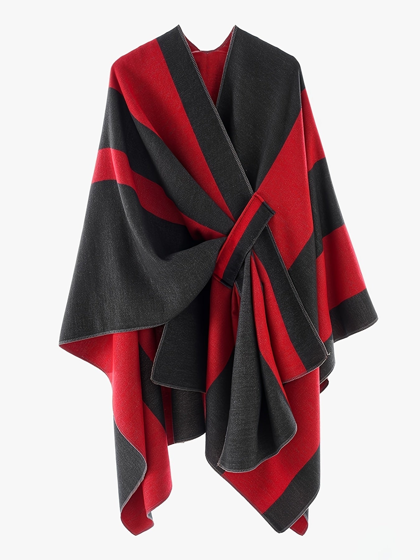 Damen Poncho Zweifarbig Gestreift Weicher Umhang mit V-Ausschnitt