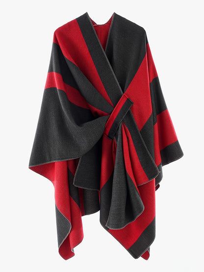 Damen Poncho Zweifarbig Gestreift Weicher Umhang mit V-Ausschnitt