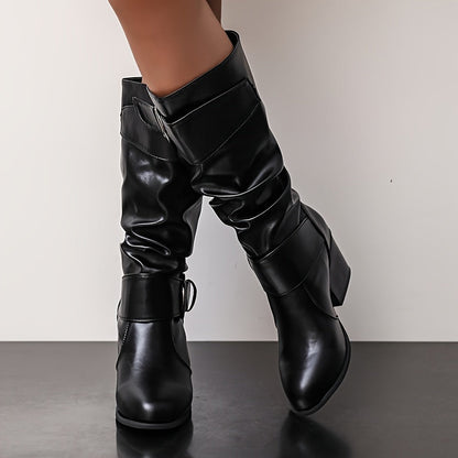 Damen Stiefel mit Schnallen Mid-Calf Blockabsatz Schwarz Braun