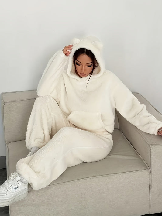 Women's cozy hooded plush two-piece loungewear pajama set with ears