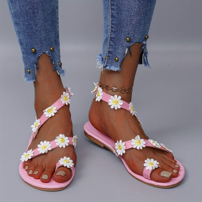 Women's Sandals Boho Style with Flower Decoration – Flat Summer Sandals for Leisure & Vacation